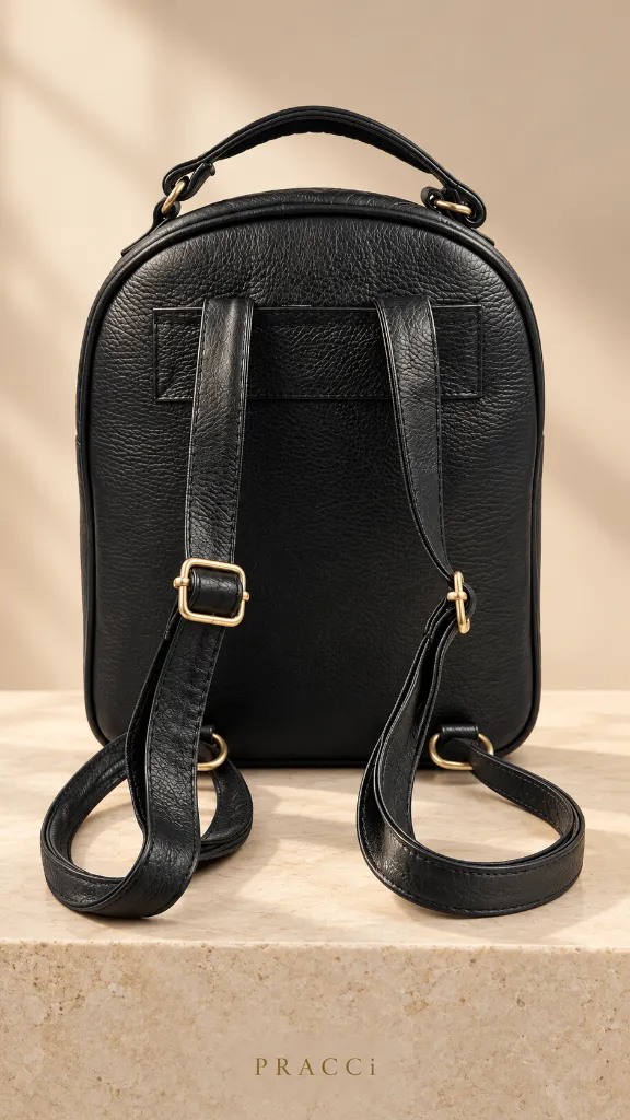 Mochila negra de cuero, vista trasera.webp