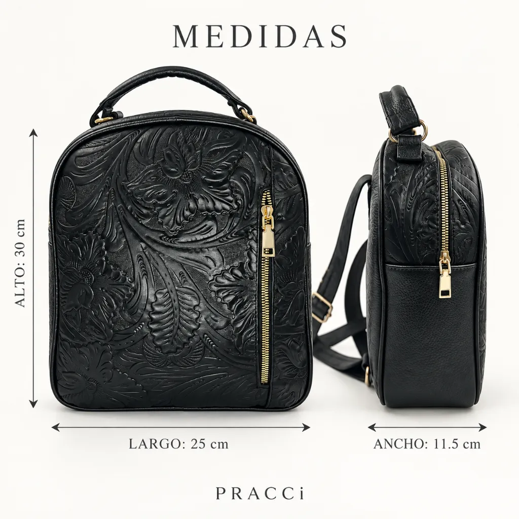 Mochila negra floral con medidas precisas.webp